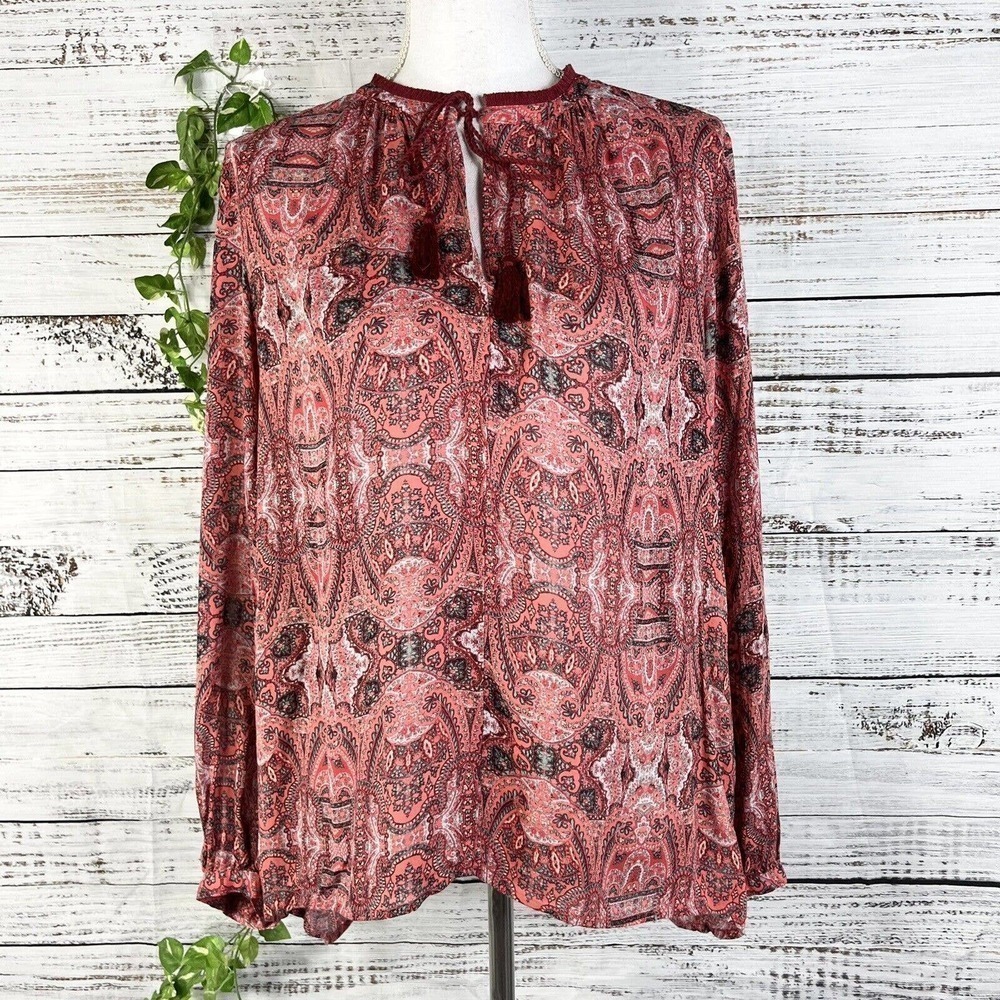 Lucky Brand Blouse Tunic Medium Coral Burgundy Paisley Tassles Boho Lagenlook